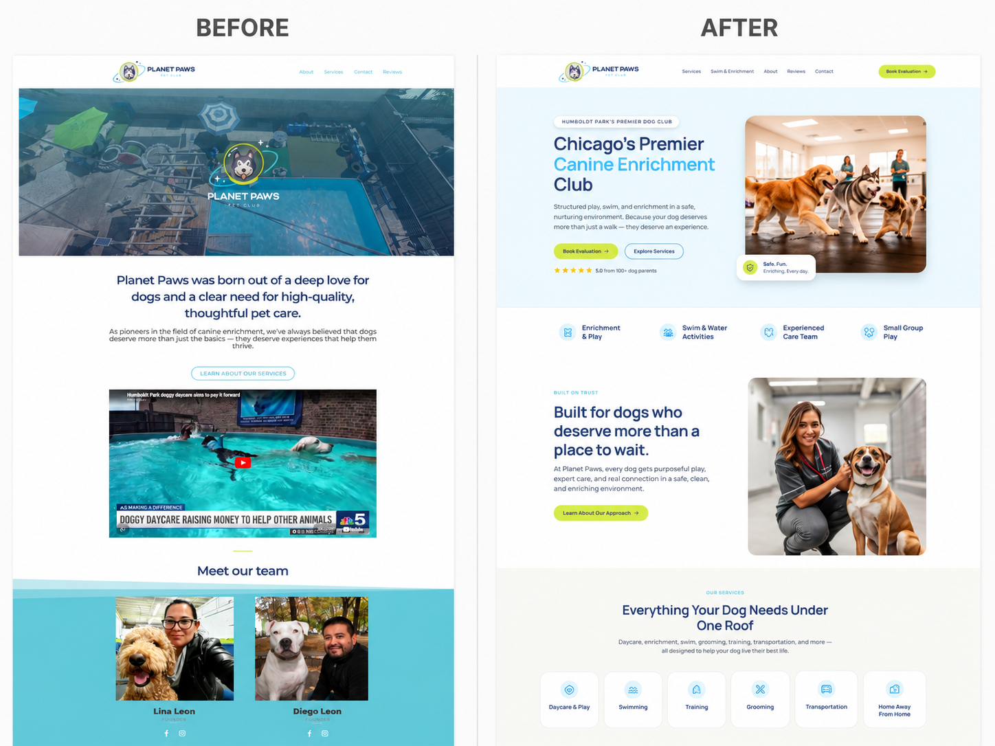 Before and after homepage redesign comparison for Planet Paws Pet Club